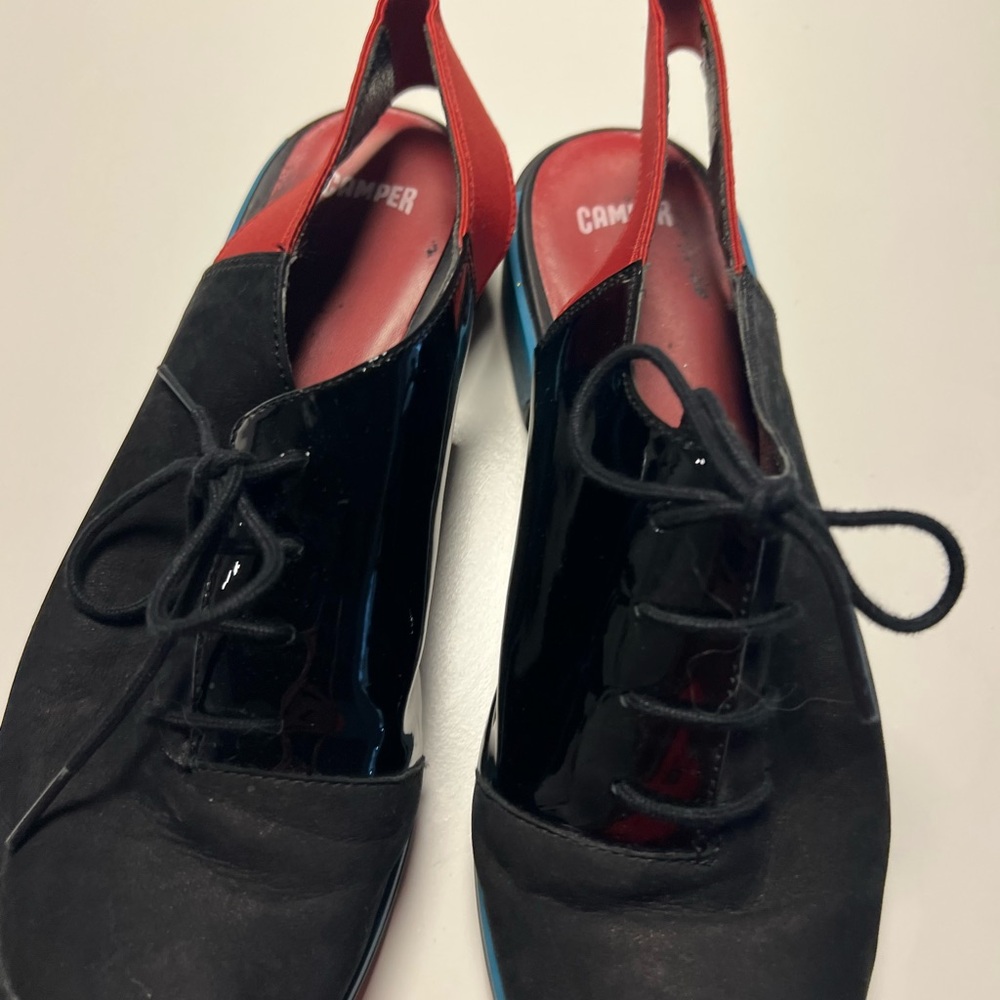 Camper Black and Red Flats with Blue Accents